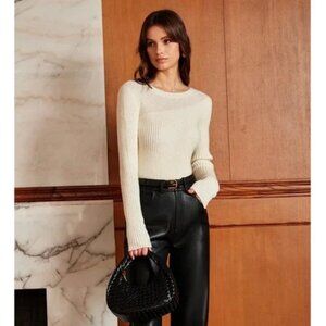 Commense Ribbed Knit Off‎ White Top Fitted Crew Neck Pullover Sweater Size M